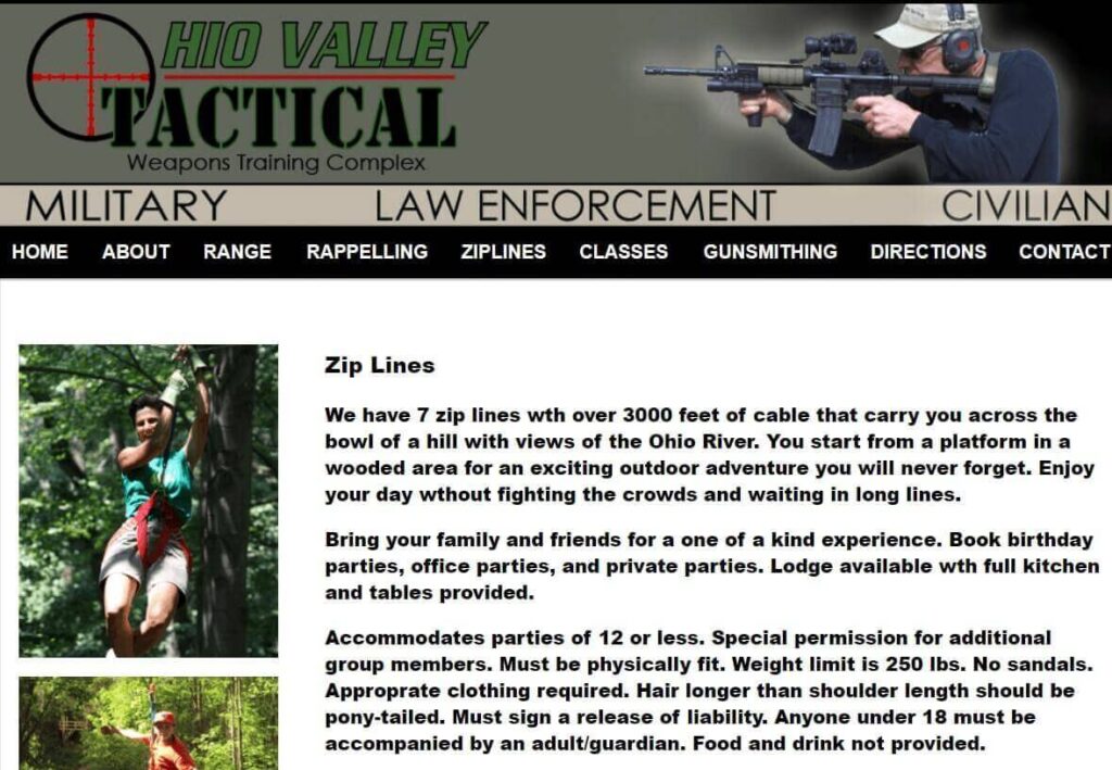 Homepage of Ohio Valley Tactical Zipline / ohiovalleytactical.com
Link:
https://ohiovalleytactical.com/zipline.html