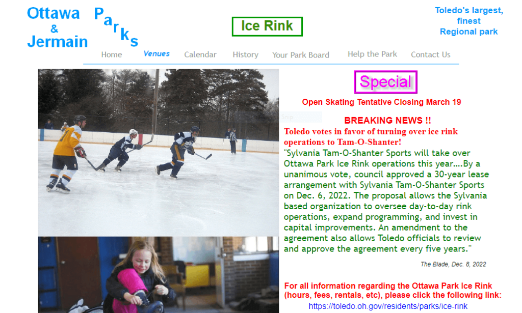 Homepage of Ottawa Park Ice Rink / Link: ottawapark.org