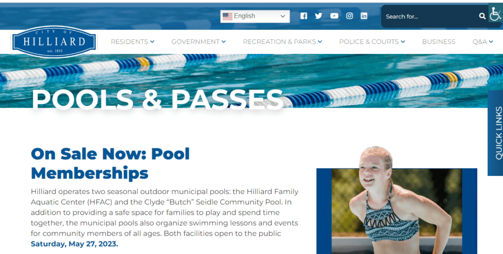 Homepage of Hilliard Family Aquatic Center /
Link: hilliardohio.gov
