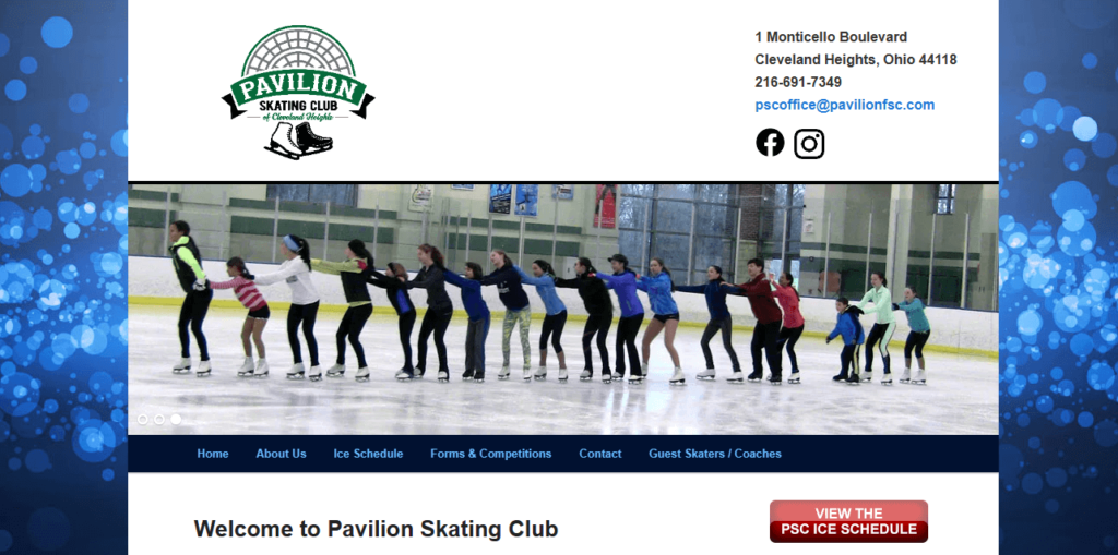 Homepage of pavilion skating club / Link: pavilionfsc.com