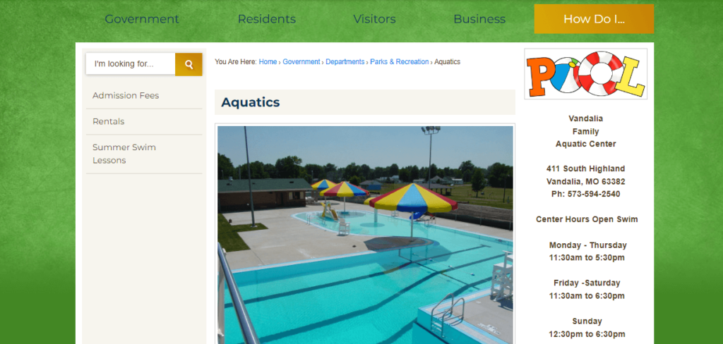 Homepage of Vandalia Aquatic Center / Link: vandaliaohio.org